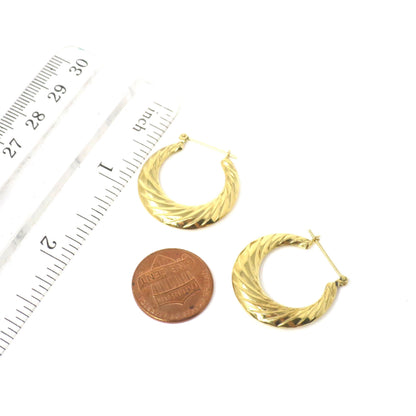 Vintage 14k Yellow Solid Gold Croissant Dôme, Puffy Twist Style Hoops Earrings