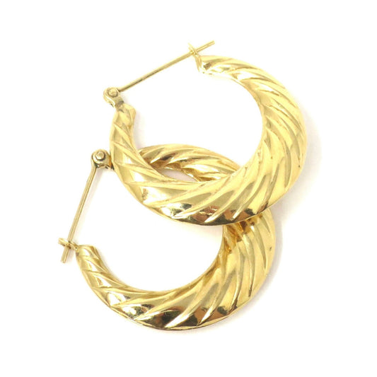Vintage 14k Yellow Solid Gold Croissant Dôme, Puffy Twist Style Hoops Earrings