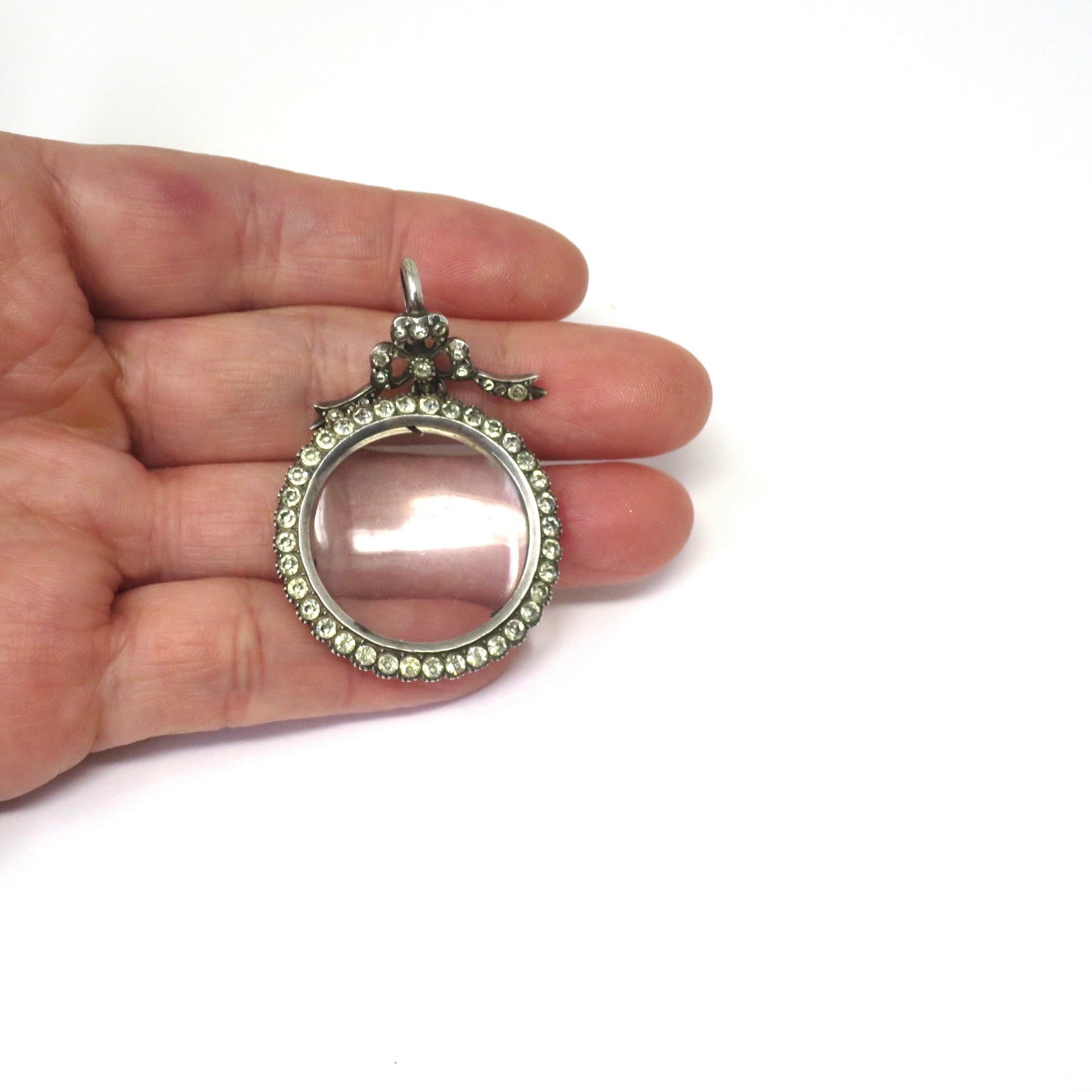 Edwardian Sterling Silver Double Sided Shaker Diamond Paste Stone Locket Pendant