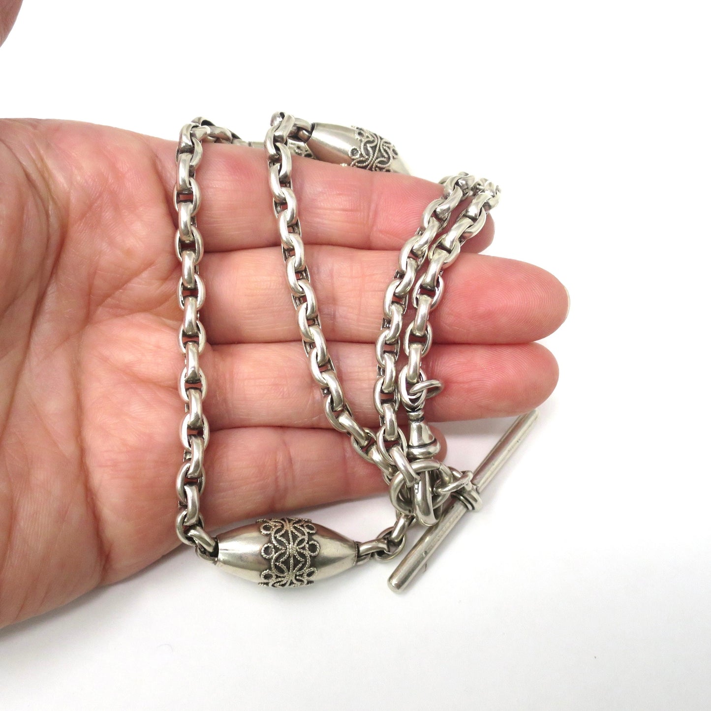 RARE Antique Victorian Sterling Silver Albert Pocket Watch Chain Necklace