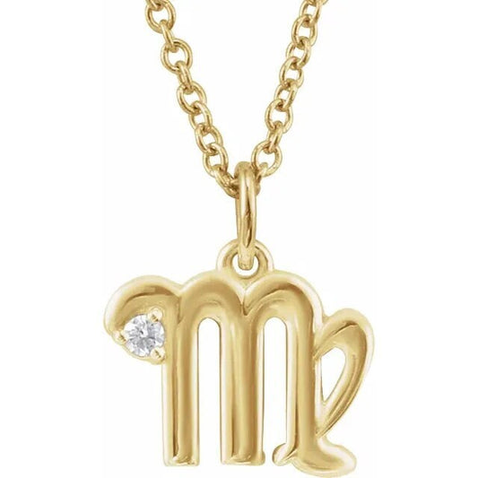 14K Yellow Gold .015 CT Natural Diamond Virgo Zodiac Charm 16-18" Necklace