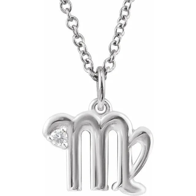 Solid 925 Sterling Silver .015 CT Natural Diamond Virgo Zodiac Charm 16-18" Necklace