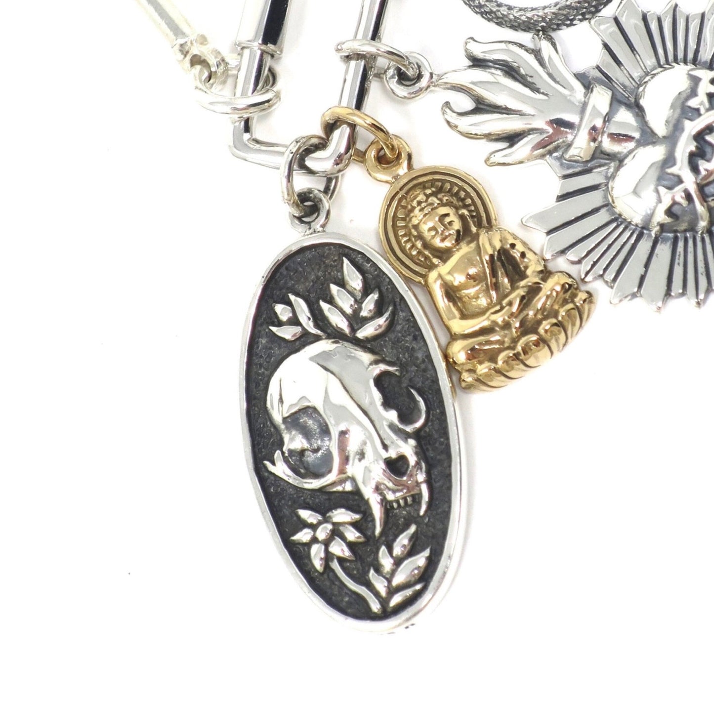Solid 925 Sterling Silver Flower and Cat Skull Oval Pendant