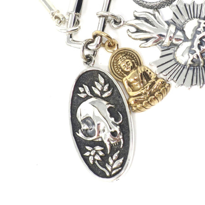 Solid 925 Sterling Silver Flower and Cat Skull Oval Pendant
