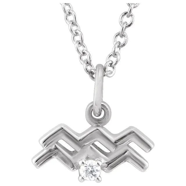 Solid 925 Sterling Silver .015 CT Natural Diamond Aquarius Zodiac Charm 16-18" Necklace