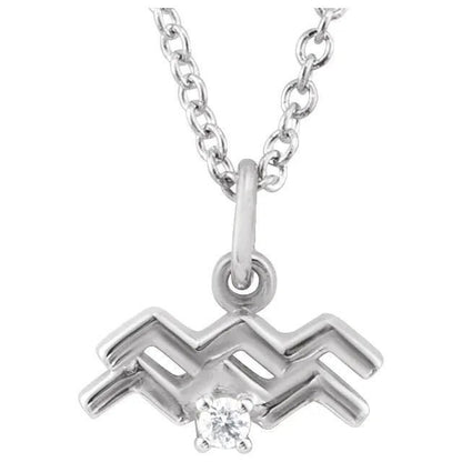 Solid 925 Sterling Silver .015 CT Natural Diamond Aquarius Zodiac Charm 16-18" Necklace