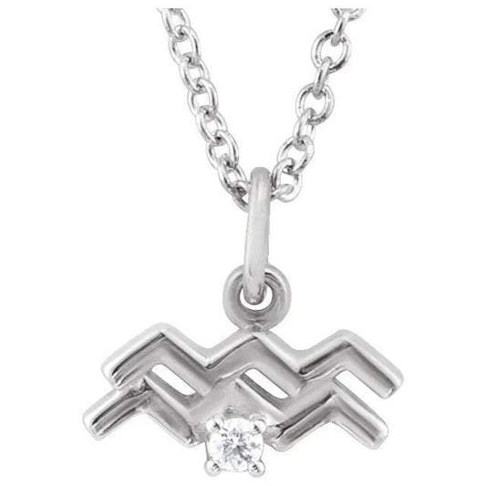 Solid 925 Sterling Silver .015 CT Natural Diamond Aquarius Zodiac Charm 16-18" Necklace