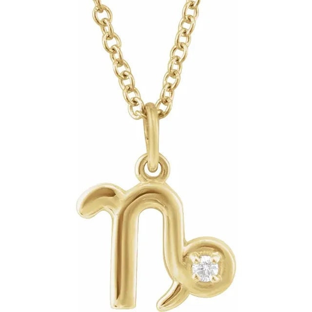 14K Yellow Gold .015 CT Natural Diamond Capricorn Zodiac Charm 16-18" Necklace