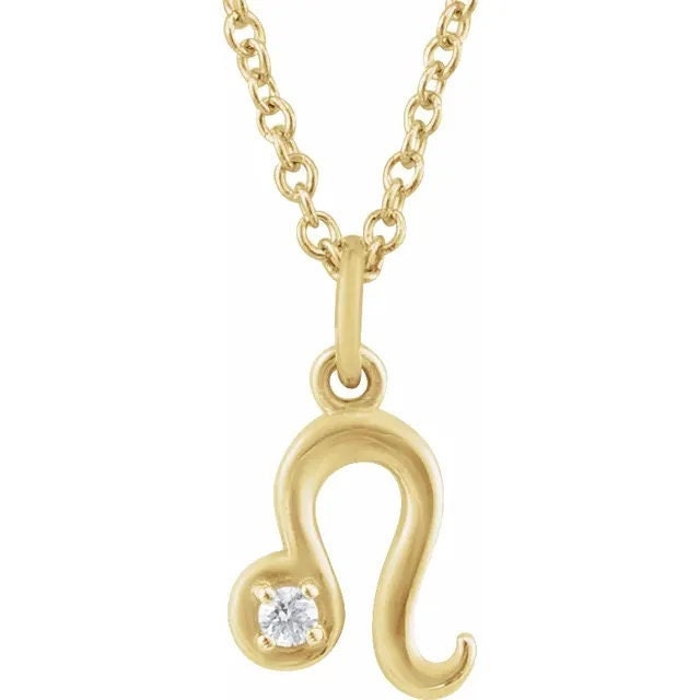 14K Yellow Gold .015 CT Natural Diamond Leo Lion Zodiac Charm 16-18" Necklace