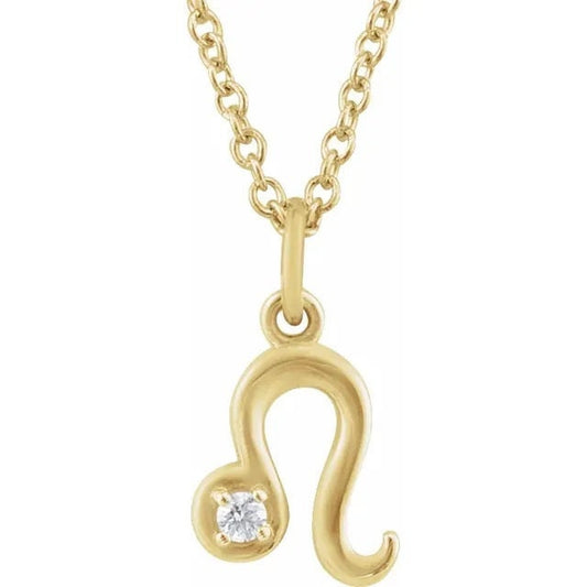 14K Yellow Gold .015 CT Natural Diamond Leo Lion Zodiac Charm 16-18" Necklace