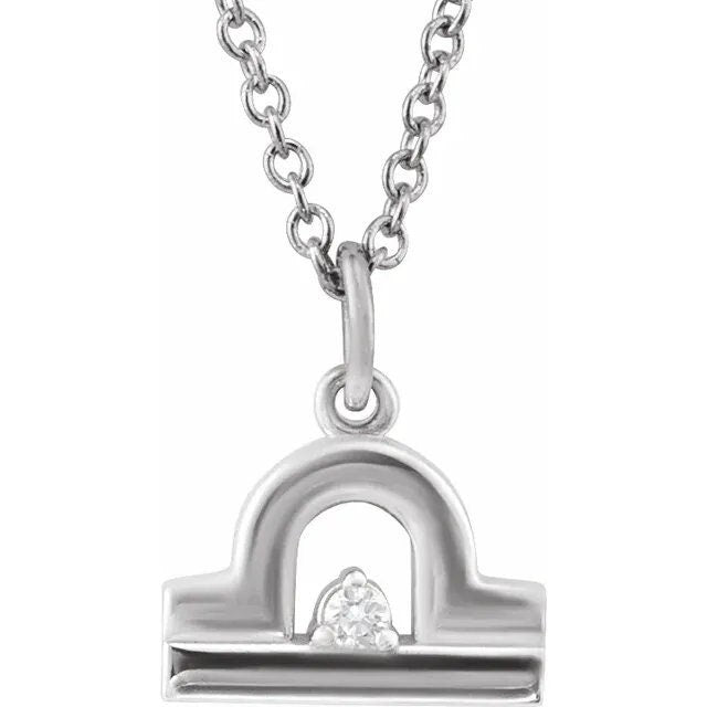 Solid 925 Sterling Silver .015 CT Natural Diamond Libra Zodiac Charm 16-18" Necklace