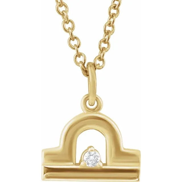 14K Yellow Gold .015 CT Natural Diamond Libra Zodiac Charm 16-18" Necklace
