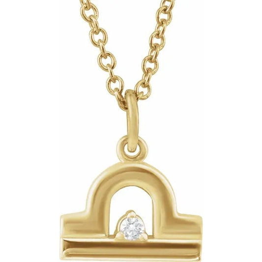 14K Yellow Gold .015 CT Natural Diamond Libra Zodiac Charm 16-18" Necklace