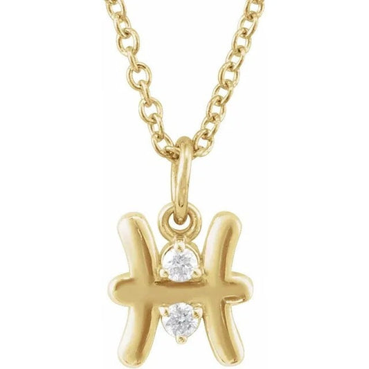 14K Yellow Gold .015 CT Natural Diamond Pisces Zodiac Charm 16-18" Necklace