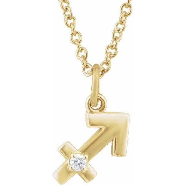 14K Yellow Gold .015 CT Natural Diamond Sagittarius Zodiac Charm 16-18" Necklace