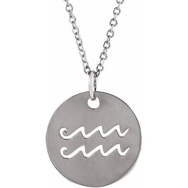 Sterling Silver 16.5 mm Aquarius Zodiac Disc Charm/Pendant Necklace