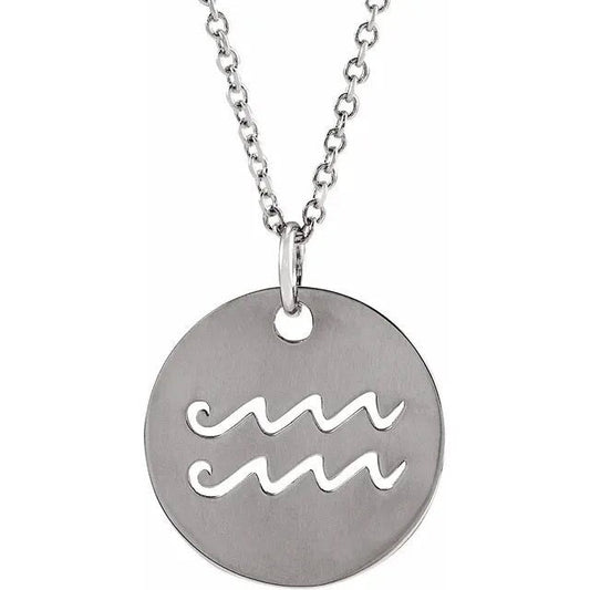 Sterling Silver 16.5 mm Aquarius Zodiac Disc Charm/Pendant Necklace
