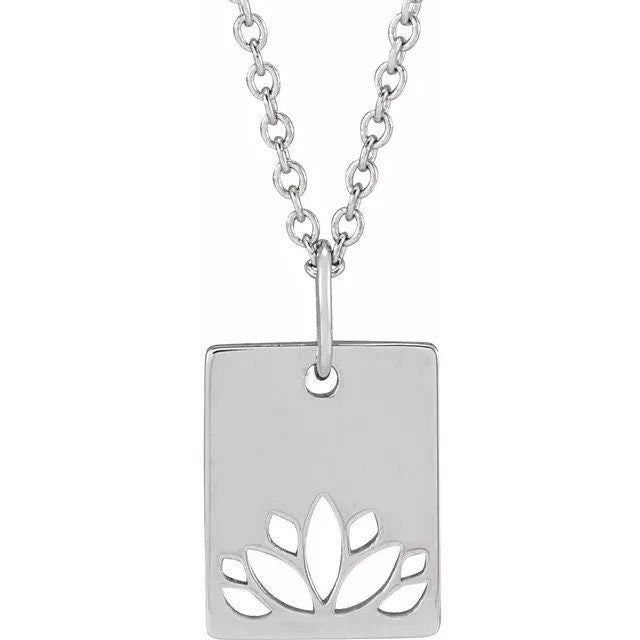 Sterling Silver Lotus Flower Renge Openwork Rectangle Pendant Necklace