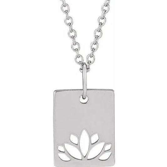 Sterling Silver Lotus Flower Renge Openwork Rectangle Pendant Necklace