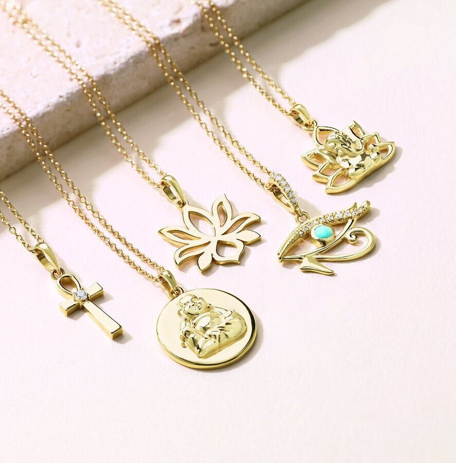 14k Yellow Gold Petite Lotus Flower Renge Openwork Charm Necklace