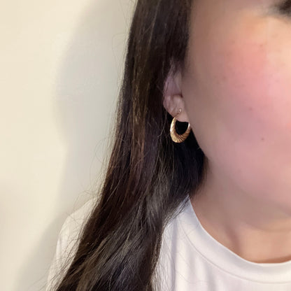 Vintage 14k Yellow Solid Gold Croissant Dôme, Puffy Twist Style Hoops Earrings