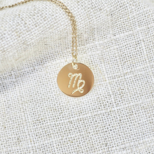 14K Yellow Gold 16.5 mm Virgo Zodiac Disc Charm/Pendant Necklace