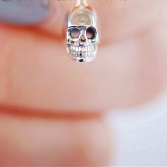 Solid 925 Sterling Silver Tiny Skull Charm Necklace, 15x6mm