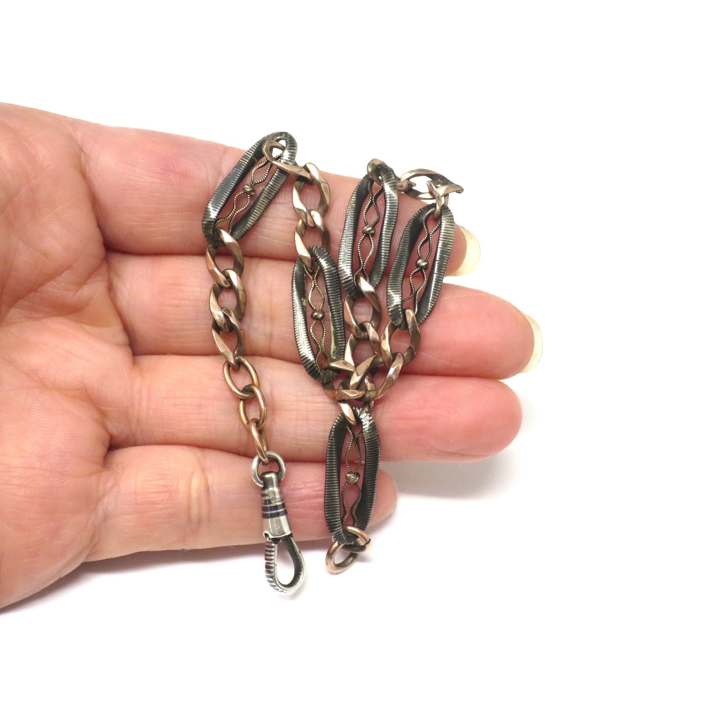 Antique Victorian Niello 800 Silver & Rose Gold Gilt Pocket Watch Chain Bracelet MB22