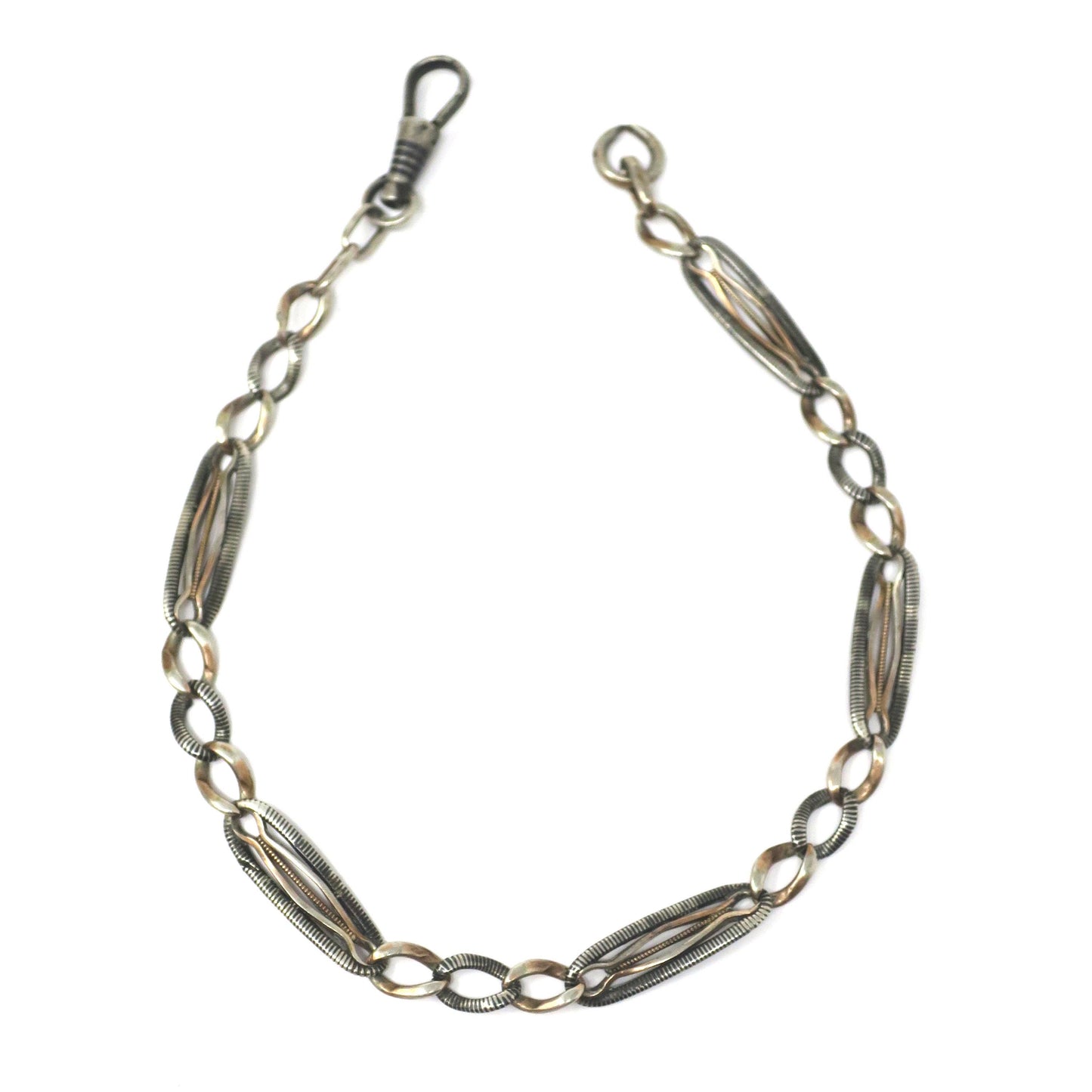 Antique Victorian Niello 800 Silver Pocket Watch Chain Bracelet with Rose Gold Gilt MB42
