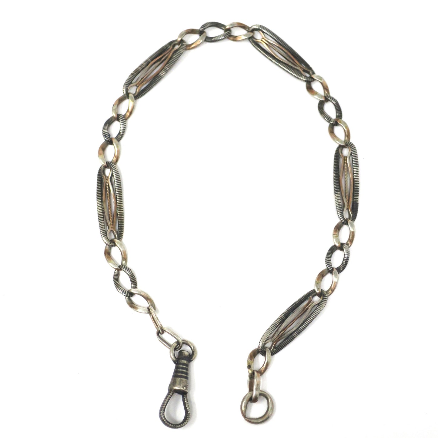 Antique Victorian Niello 800 Silver Pocket Watch Chain Bracelet with Rose Gold Gilt MB42