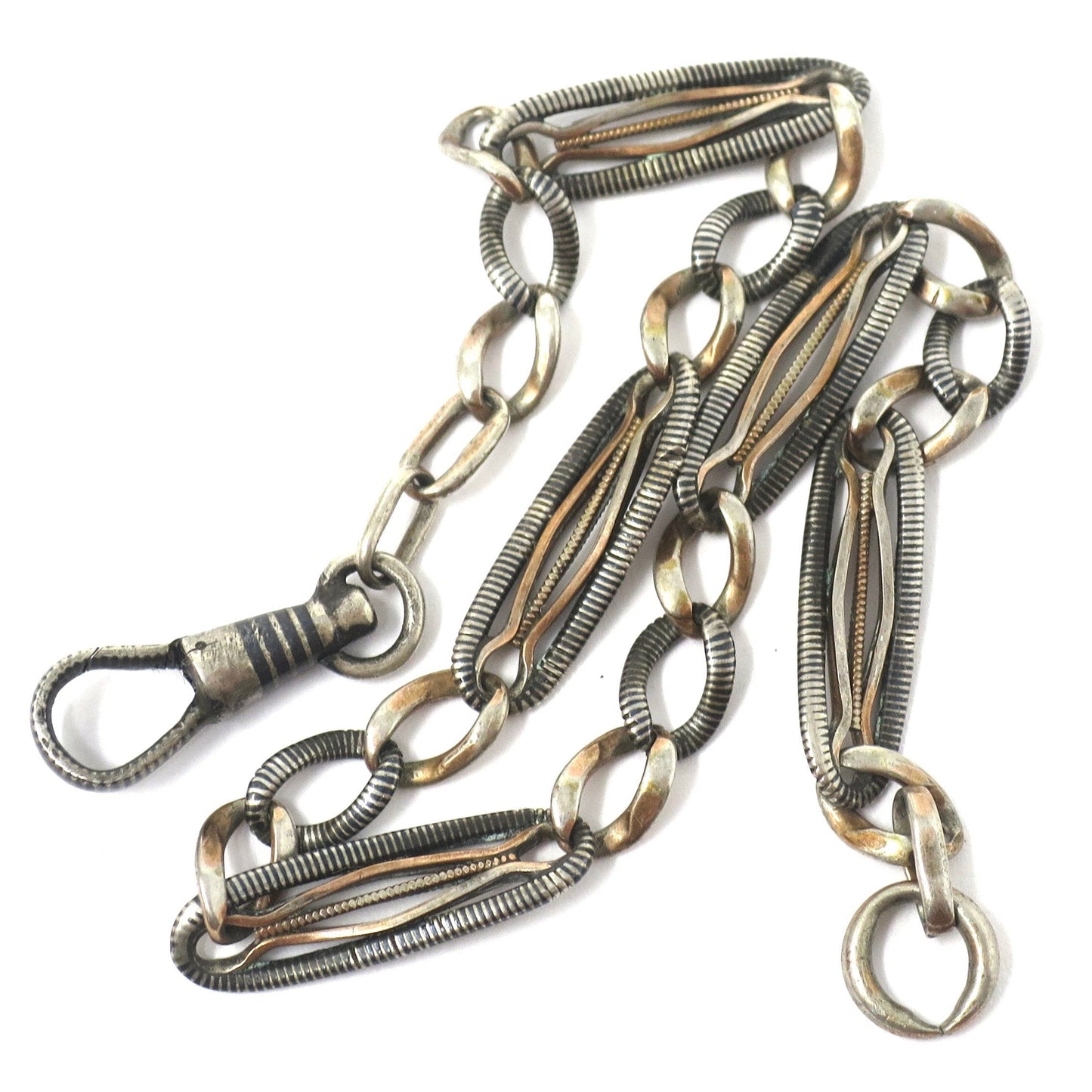 Antique Victorian Niello 800 Silver Pocket Watch Chain Bracelet with Rose Gold Gilt MB42