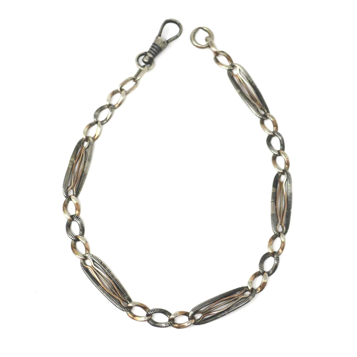 Antique Victorian Niello 800 Silver Pocket Watch Chain Bracelet with Rose Gold Gilt MB42
