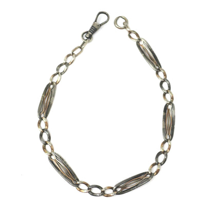 Antique Victorian Niello 800 Silver Pocket Watch Chain Bracelet with Rose Gold Gilt MB42