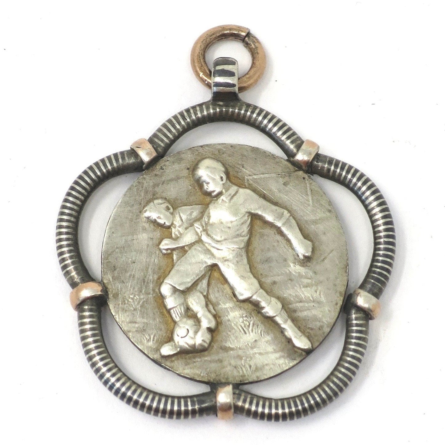 Antique Victorian Soccer Fob Pendant: Niello & Rose Gold, 800 Silver N5
