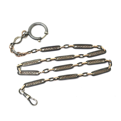 Victorian Niello Silver Pocket Watch Chain Necklace: 9k Rose Gold Gilt, 18" MB15