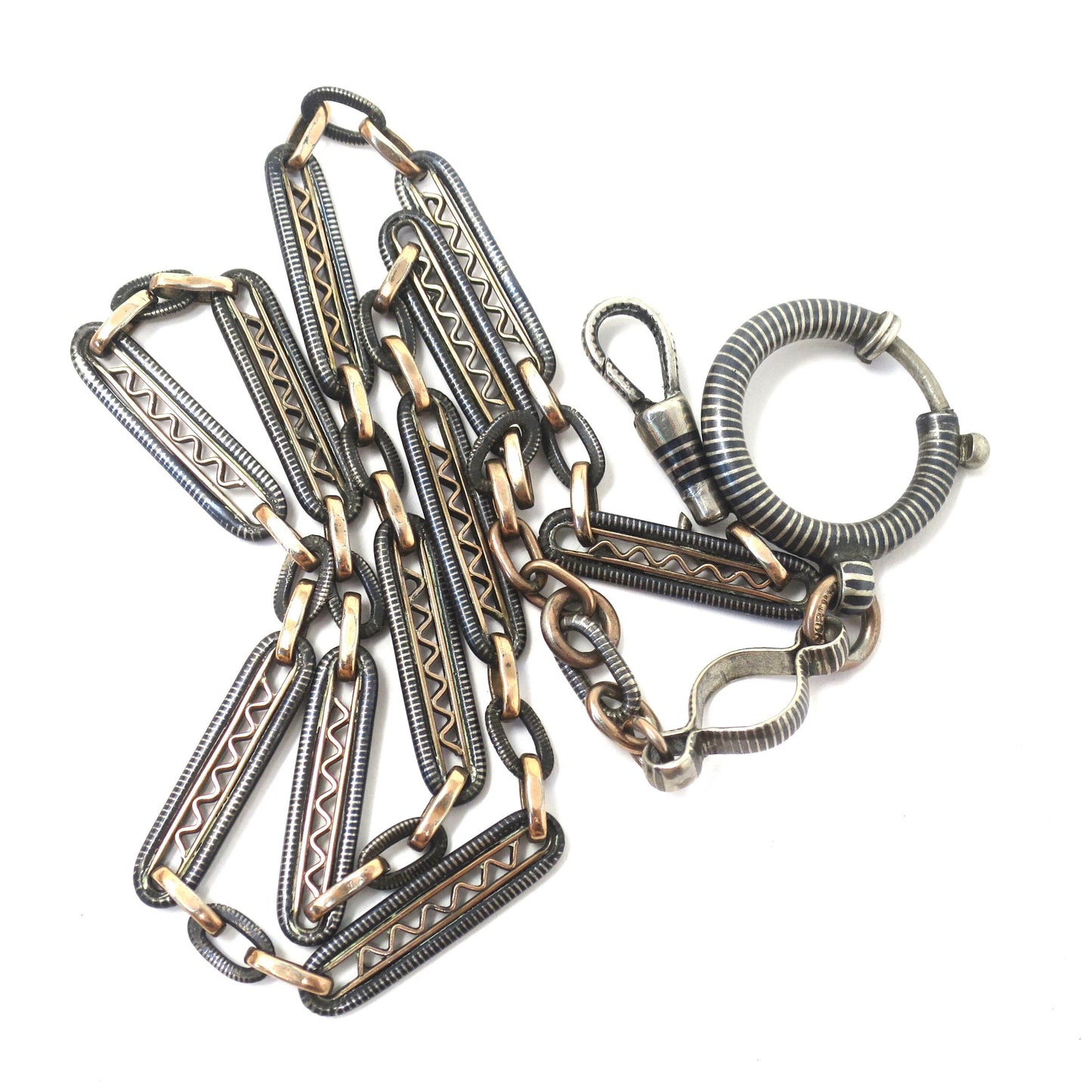 Victorian Niello Silver Pocket Watch Chain Necklace: 9k Rose Gold Gilt, 18" MB15