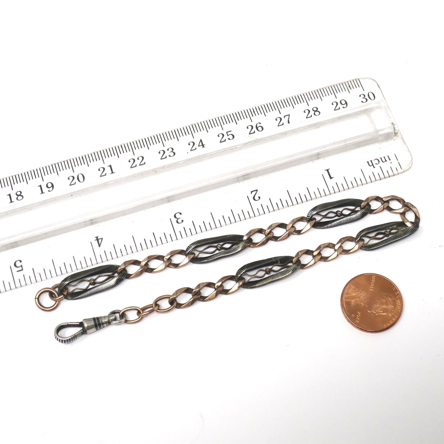 Antique Victorian Niello 800 Silver & Rose Gold Gilt Pocket Watch Chain Bracelet MB22
