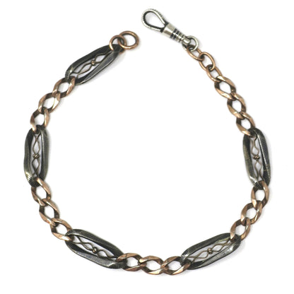Antique Victorian Niello 800 Silver & Rose Gold Gilt Pocket Watch Chain Bracelet MB22