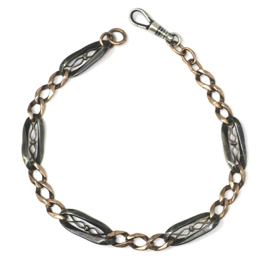 Antique Victorian Niello 800 Silver & Rose Gold Gilt Pocket Watch Chain Bracelet MB22