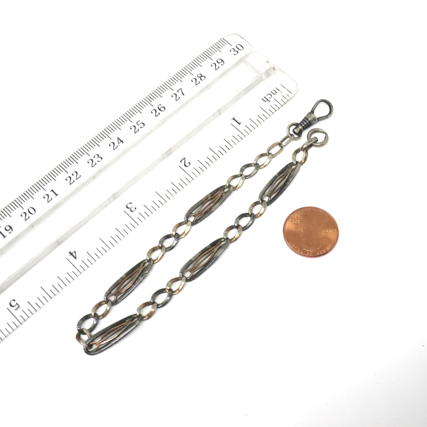 Antique Victorian Niello 800 Silver Pocket Watch Chain Bracelet with Rose Gold Gilt MB42