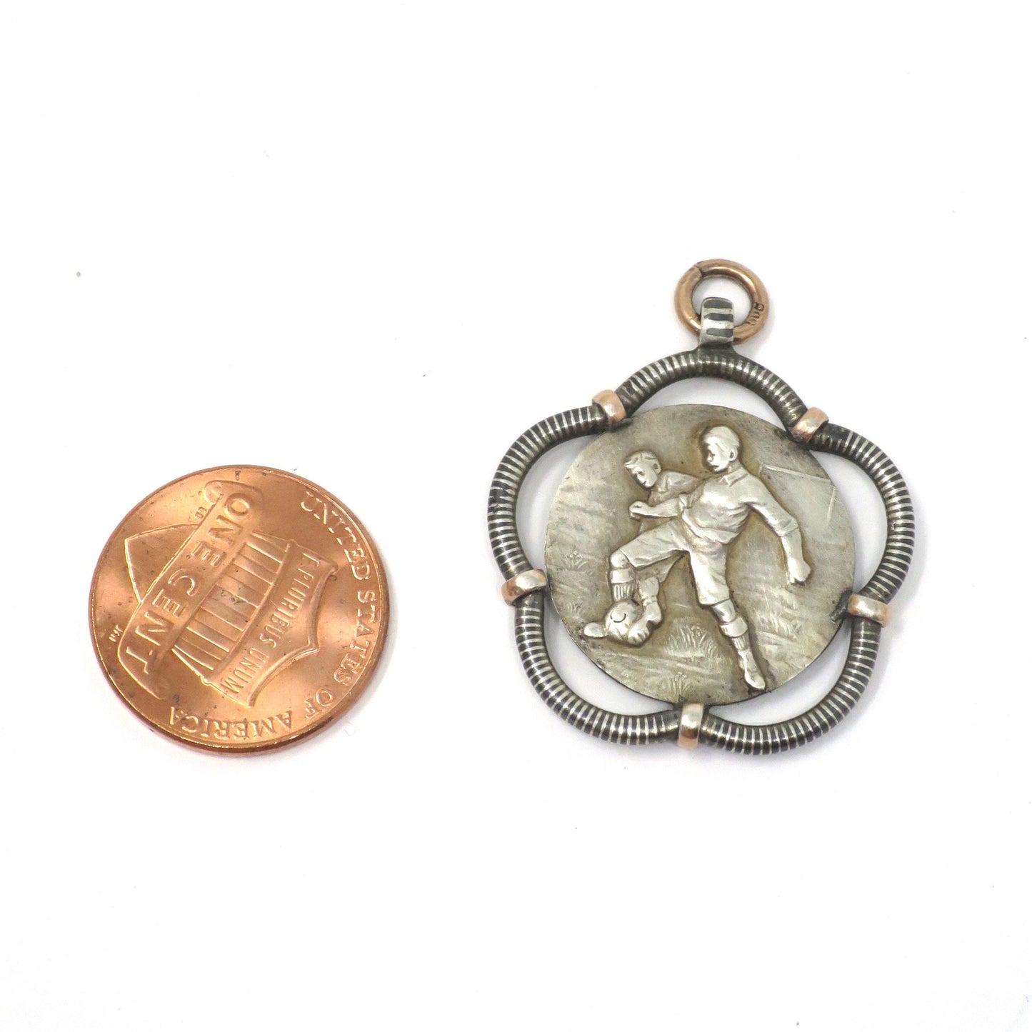 Antique Victorian Soccer Fob Pendant: Niello & Rose Gold, 800 Silver N5