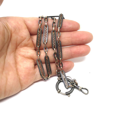 Victorian Niello Silver Pocket Watch Chain Necklace: 9k Rose Gold Gilt, 18" MB15