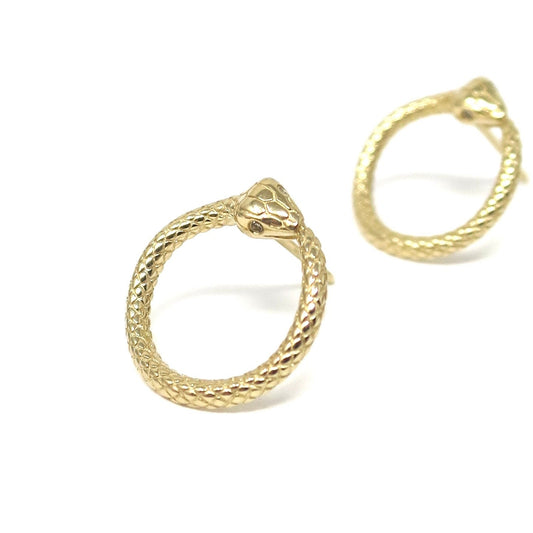 Solid 14K Yellow Gold Ouroboros Snake Serpent with White Diamonds Post Earrings