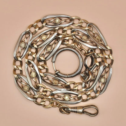 Antique Victorian 800 Silver Niello & Rose Gold Watch Chain Necklace MB12