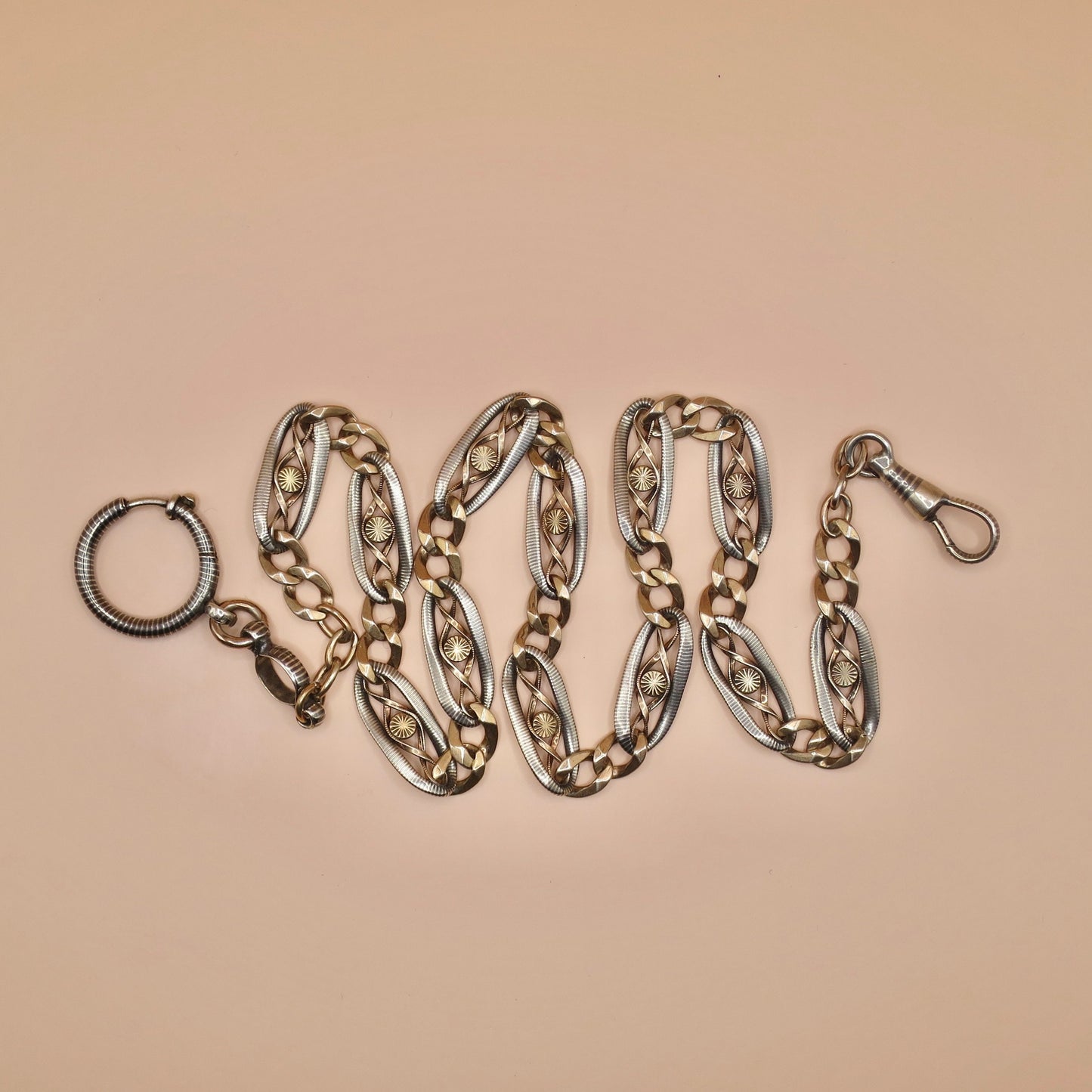 Antique Victorian 800 Silver Niello & Rose Gold Watch Chain Necklace MB12