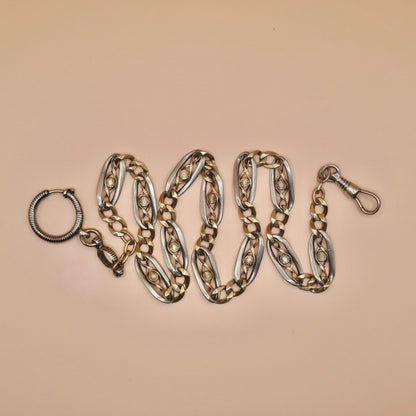 Antique Victorian 800 Silver Niello & Rose Gold Watch Chain Necklace MB12