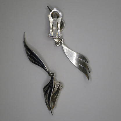 Antique Niello 865 Silver Double Angel Wings Clip On Earrings N1