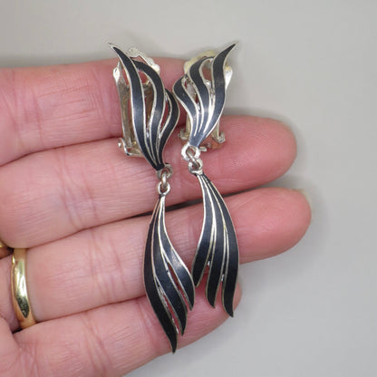 Antique Niello 865 Silver Double Angel Wings Clip On Earrings N1