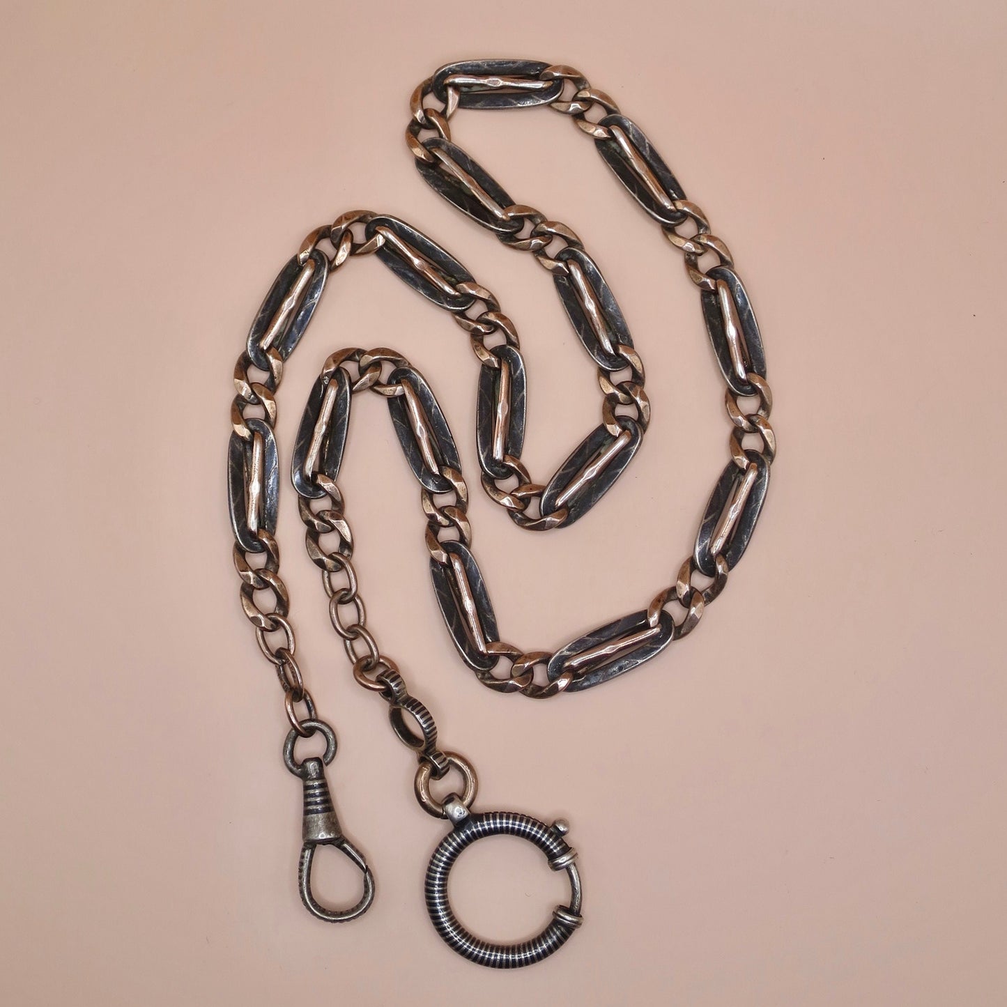 Heavy Antique Victorian Niello Silver & 12k Rose Gold Vermeil Chain Necklace MB50