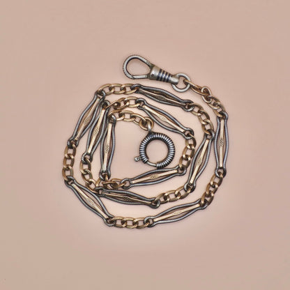 Antique Victorian Niello Silver & 10k Rose Gold Gilt Watch Chain Necklace MB5